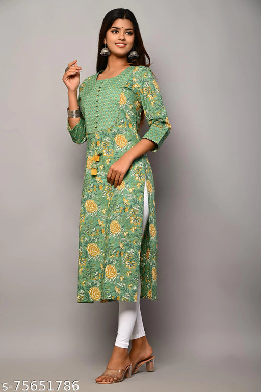Swasti  Women Printed Pure Cotton Straight Kurta (Dark Green)