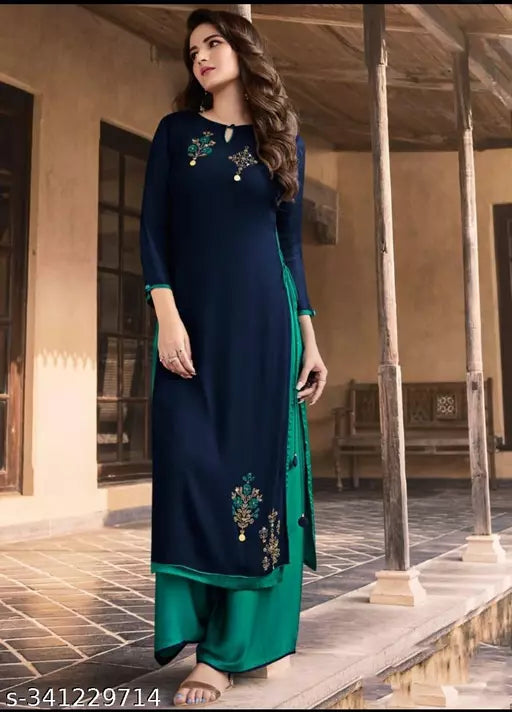 womens rayon embroidery long kurta with palazzo