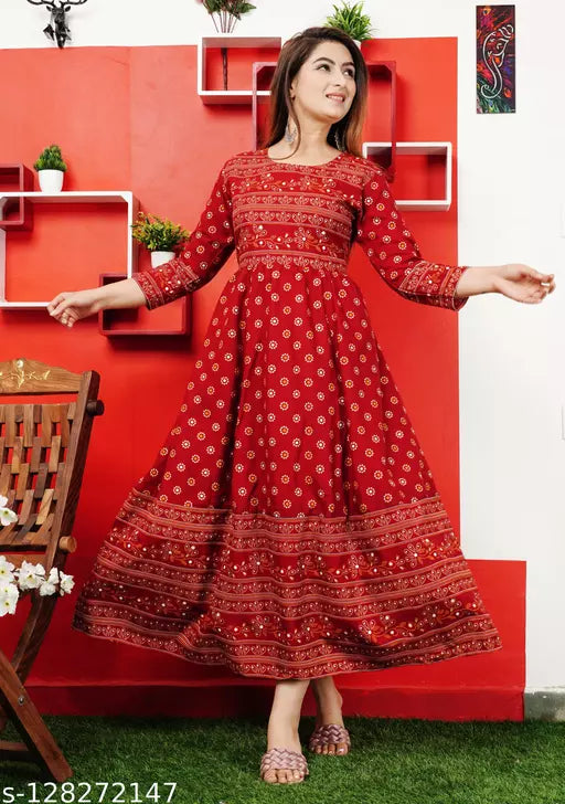 Stylish Rayon Printed Maroon women Kurtis