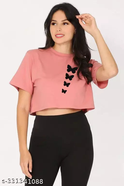 Trendy Feminine Printed Crop Tshirt Round Neck Top For Womens