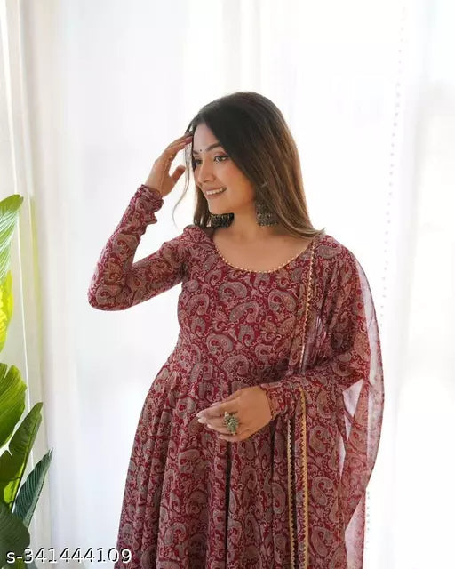 QVAZOR Stylish Fancy Trendy Printed Georgette Gown For Women For Party Wedding Festival Functions