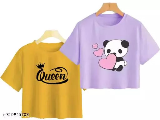 Trendy Feminine Printed Crop Tshirt Round Neck Top For Womens (Combo2)