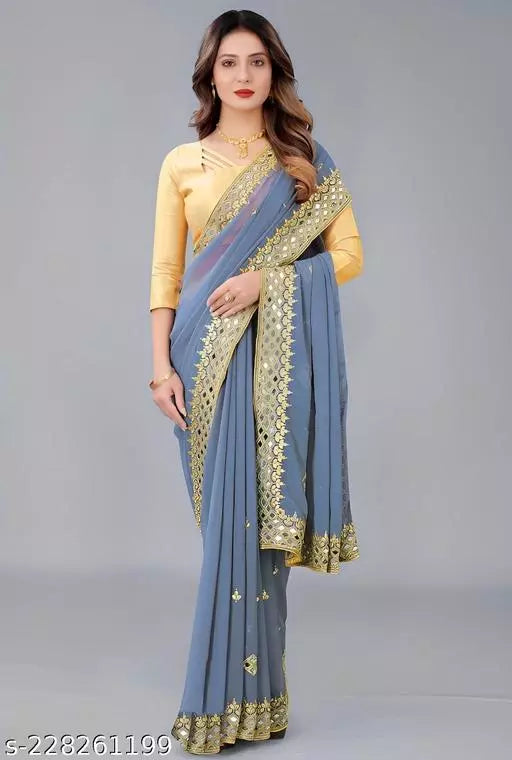 HEAVY KAJU DESIGN EMBROIDERY WORK WITH MIRROR SAREE BY KRADDLE