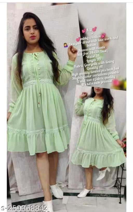 Georgette Embroidery Girls  Womens Dress with Lace Midi Dress