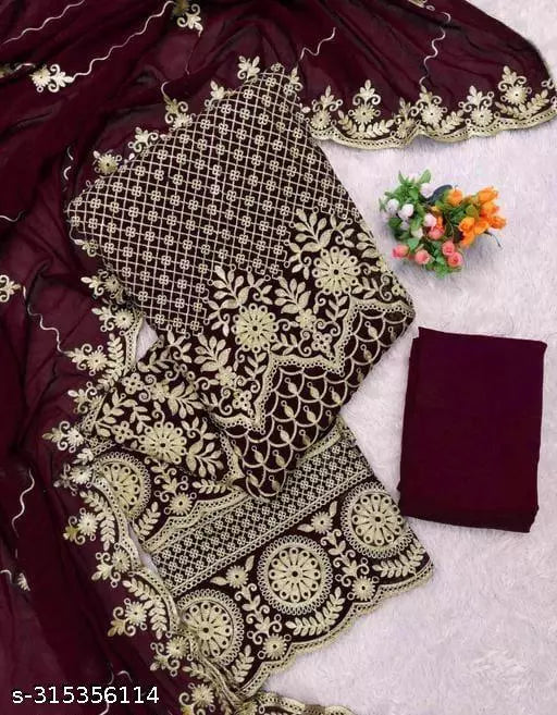 Women's Bollywood Style Brown Fancy Unstiched Patiala Embroidered Work Plus Double Layer Multiwork Sequence Work Georgette Salwar Suit & Dress Materials