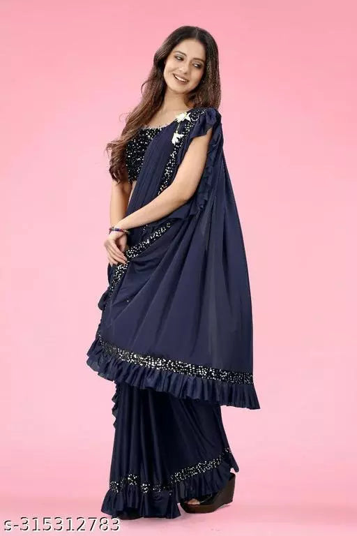 Ready To Wear Lycra Freel Fancy Party Wear Sarees Nevy Blue Colour Sarees with sequance blouse BY Kraddle