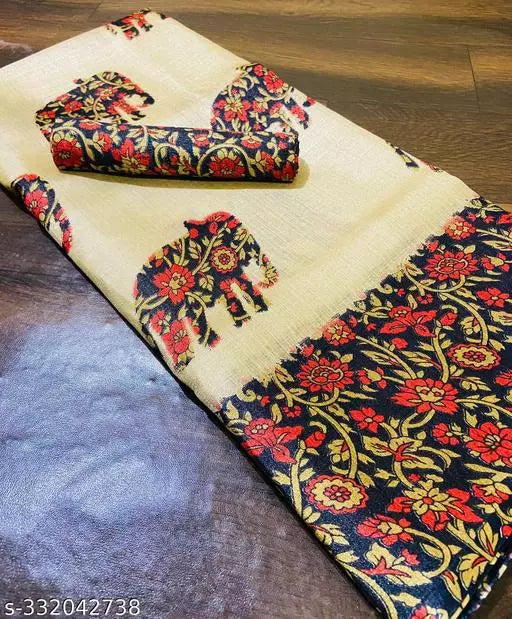 ELEPHANT PRINTED KHADI SILK BLENDED LIGHT WEIGHT COMFERTABLE WEAR SAREE WITH BLOUSE