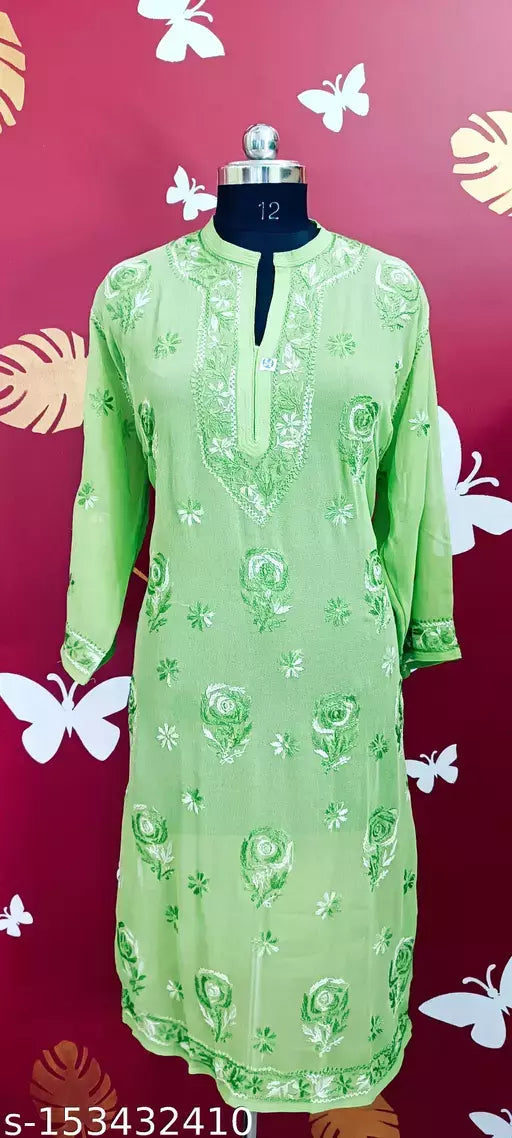 Handwork Embroidered Chikankari Georgette Rose Kurti .