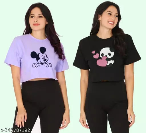 Trendy Feminine Printed Crop Tshirt Round Neck Top For Womens