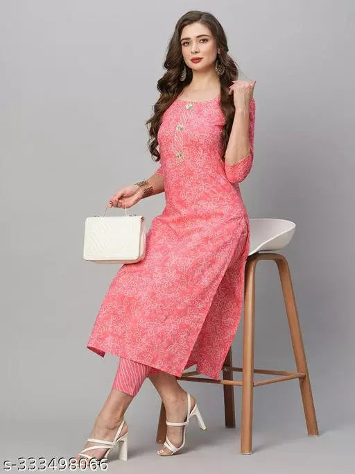 Anni Designer Women's Pink Cotton Blend Straight Printed Kurta With Trousers