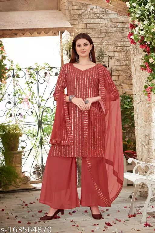 Women's Faux Georgette Sequence Embroidery Work Unstitched Top With Full Stitched Sharara and dupatta