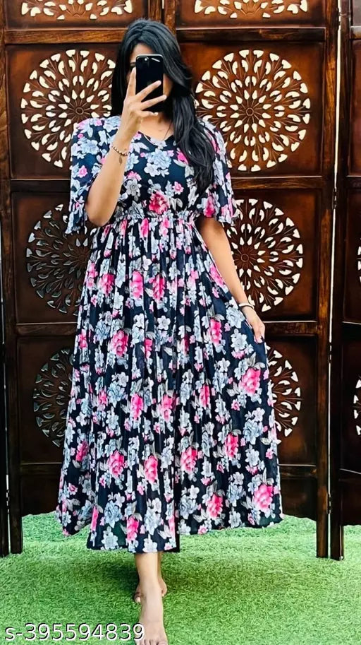 STYLISH GEARGETTE FABRIC LONG PLATTING DRESSS