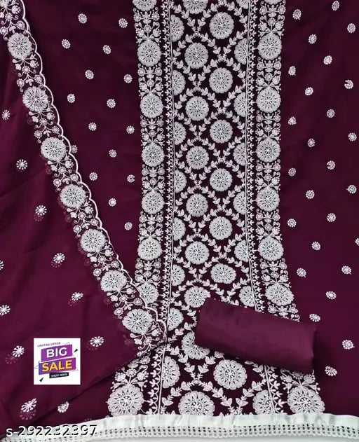 New Hit Fancy Embroidered Double Layer Thread work Unstiched Salwar Suits & dress Materials Purple Colour