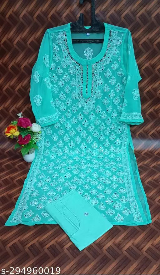 Mirror work Booty Jaal Chikankari Handwork Kurti with Inner.