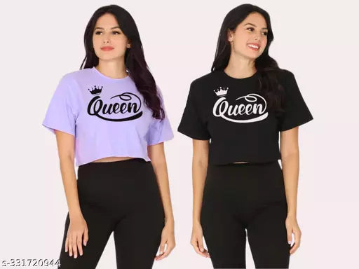 Trendy Feminine Printed Crop Tshirt Round Neck Top For Womens(Pack Of 2)