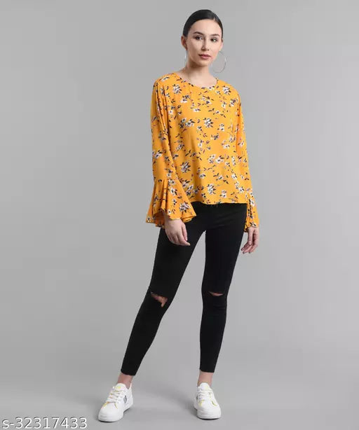 Vivient Women Mustard Floral Printed Bell Sleeves Top