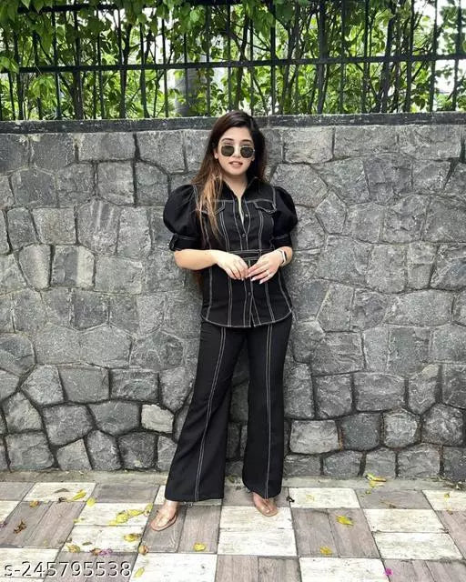 Black Denim Chic: Half Sleeve Shirt and Wide Leg Pants Set with Cross Pockets
