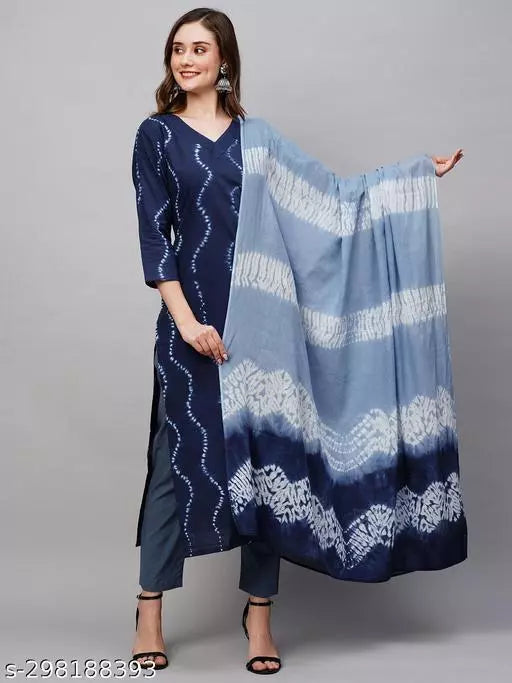 Anni Designer Women's Blue Straight Printed Kurta with Trouser & Dupatta