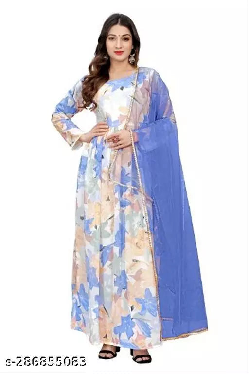 QVAZOR Stylish Fancy Trendy Printed Georgette Gown For Women For Party Wedding Festival Functions