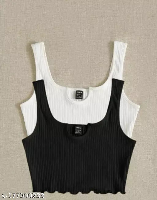 Jkp Collections Women & Girl Casual Sando Top Solid  Cotton Lycra Fabric In Color Black::White