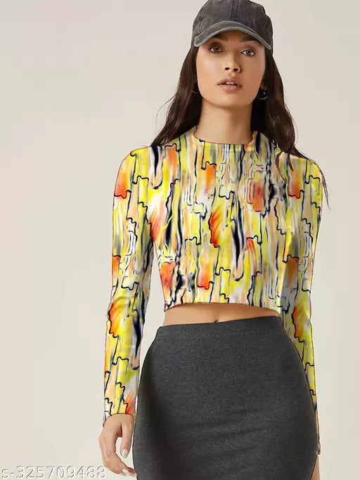 Western Printed Round Neck Crop Top