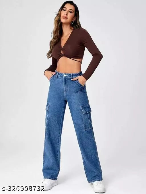 WOMEN LATEST CARGO TROUSERS | SOLID HIGH-RISE CARGO JEANS | 6 POCKET WIDE LEG DENIMS | 80'S ROCKER-CHIC INSPIRED CARGO PANTS | SIT ABOVE | NON-STRETCH FIT WITH A WIDE LEG | SPORTY LOOK LOOSE FIT DENIMS