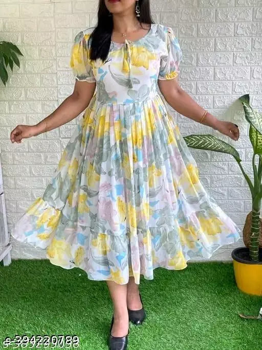 STYLISH GEARGETTE FABRIC LONG PLATTING DRESSS
