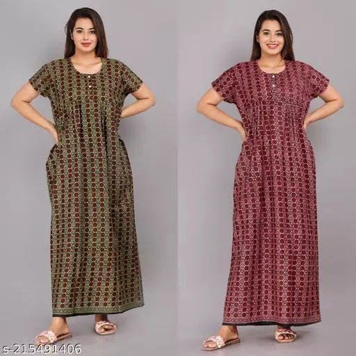 Geeta Fashion Women's Cotton Printed Nighty For Women Maxi For Nighty For Women Combo(Pack Of 2)