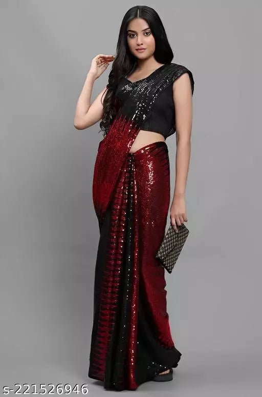 SHINE SUPER HIT RED DESIGNER SEQUANCE Georgette  SAREES BY KRADDLE