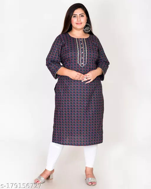 Swasti Women Plus Size Printed  Floral Print Pure Cotton Straight Kurta (Blue)