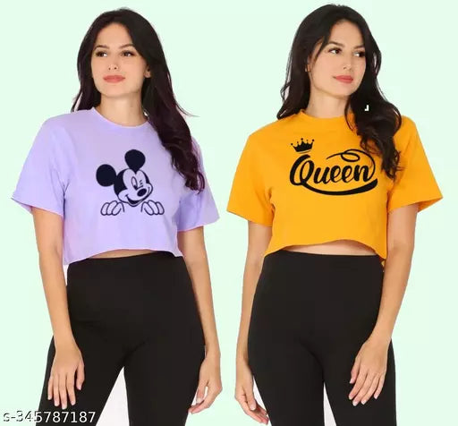 Trendy Feminine Printed Crop Tshirt Round Neck Top For Womens