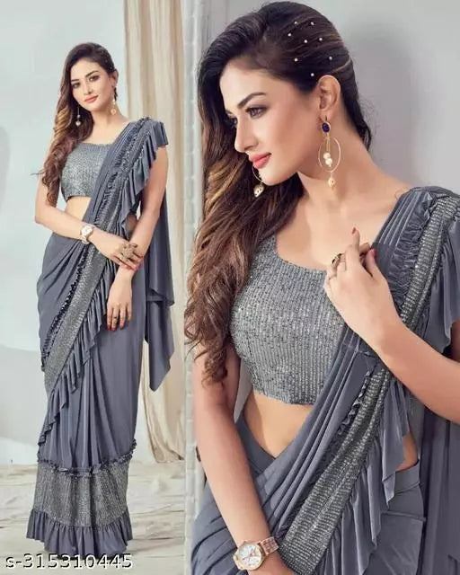 Ready To Wear Lycra  Freel Style Fancy Party Wear Sarees Grey Colour Sarees with sequance blouse BY Kraddle