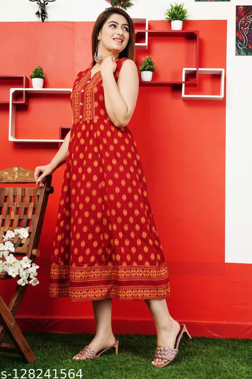 Shree Ganesh fashion's Rayon Anarkali Printed Maroon  Kurti for women
