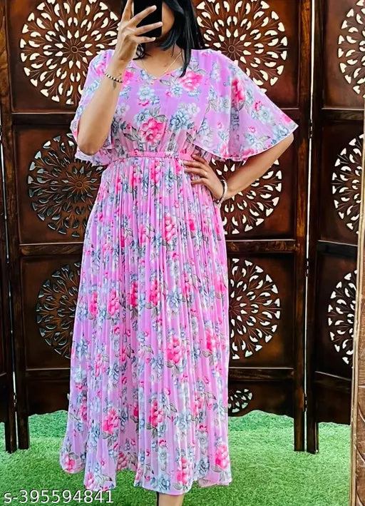 STYLISH GEARGETTE FABRIC LONG PLATTING DRESSS