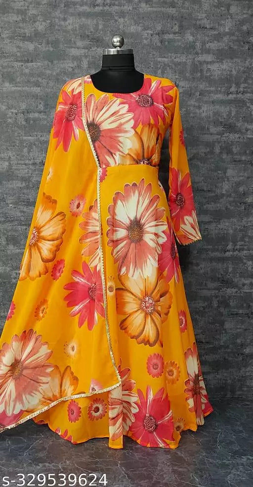 QVAZOR Stylish Fancy Trendy Printed Georgette Gown For Women For Party Wedding Festival Functions