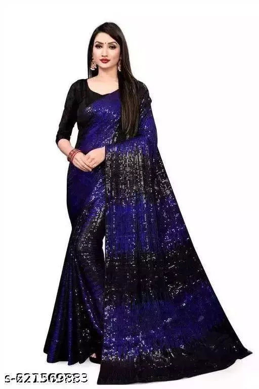 SHINE SUPER HIT ROYAL BLUE DESIGNER SEQUANCE Georgette  SAREES BY KRADDLE