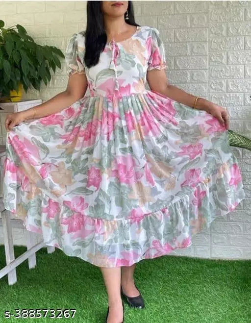 JKP COLLECTION Women & Girl Casual  Floral Printed  Georgrtte Fabric In Color Pink