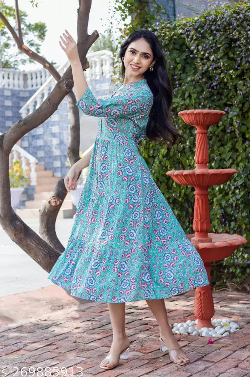 Shree fashion's Cotton Anarkali Printed Rama Green Kurtis for women
