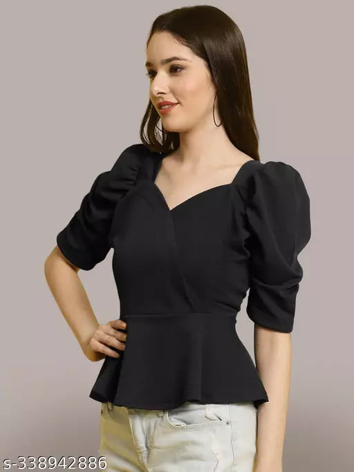 Sweetheart Neck Puff Sleeves Peplum Top (Women Top | Women Tops | Top)