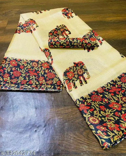 ELEPHANT PRINTED KHADI SILK BLENDED LIGHT WEIGHT COMFERTABLE WEAR SAREE WITH BLOUSE