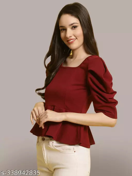 Women Square Neck Puff Sleeves Peplum Top (Women Top | Women Tops | Top)