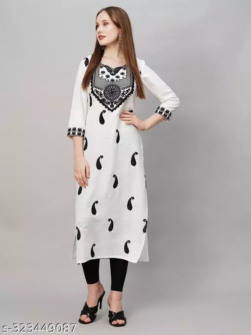 Anni Designer Women's White Ethnic Motif Embroidered Straight Kurta