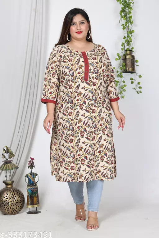 Women Plus Size Printed Cotton Blend Straight Kurta  (White)