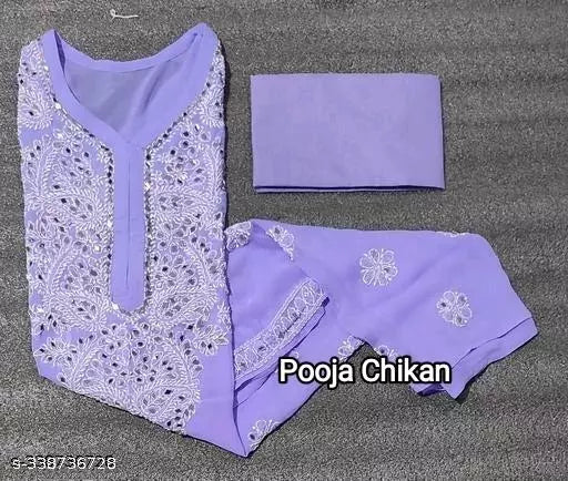 Chikankari embroidered mirror work gala booty chiffon kurti with cotton inner.