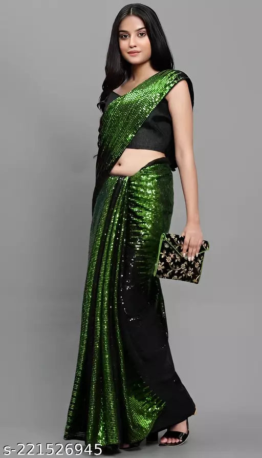 SHINE SUPER HIT LIGHT GREEN DESIGNER SEQUANCE Georgette  SAREES BY KRADDLE