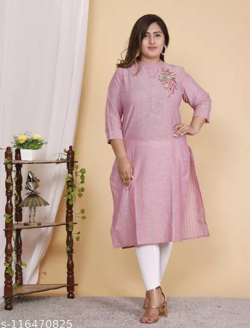 Shritikas Designer Embroideried Pink Stripes Straight CottonPlus Size Kurti For Women - 60s Cotton 
