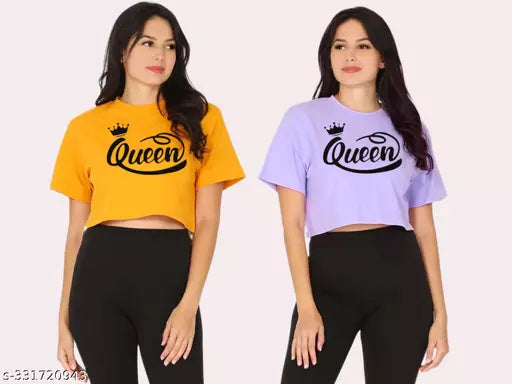 Trendy Feminine Printed Crop Tshirt Round Neck Top For Womens(Pack Of 2)