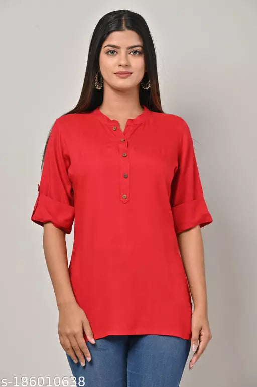 Casual Regular Sleeves  Women Red Top