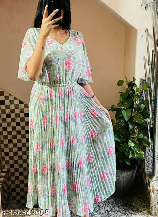 Women's Casual Fit and Flare Dress V Neck & Below Knee Georgette Printed Half Sleeve Summer Maxi Lenth Dress In Color Green