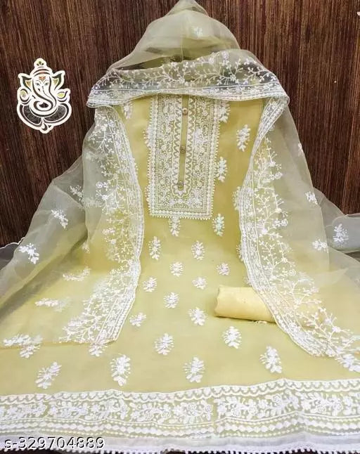 Jivika Graceful Salwar Suits & Dress Materials Exclusive Fancy Women's Designer Chainstich Embroidered Multiwork Double Sequence Yellow Floral Embroidered Organza Suits & Dress Materials